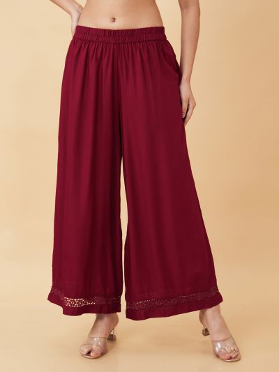 Globus Women Maroon Floral Lace Hem Design Wide Leg Ethnic Palazzos