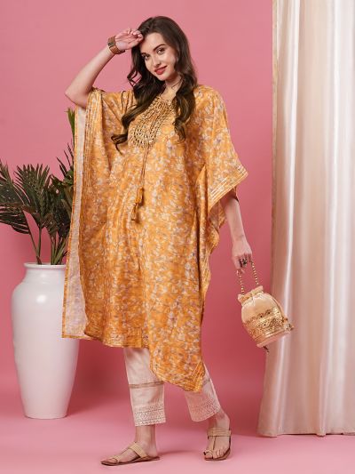 Globus Yellow Round Neck Allover Printed Kaftan Kurta