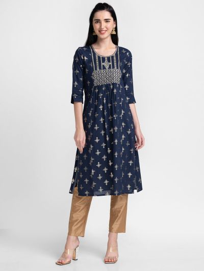 Globus Navy Blue Ethnic Motifs Kurta