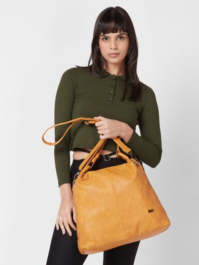 Globus Women Mustard Textured Vegan Leather Hobo Bag