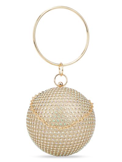 Globus Women Gold Embellished Bangle Handle Small Circle Party Handheld Bag With Detachable Chain Strap