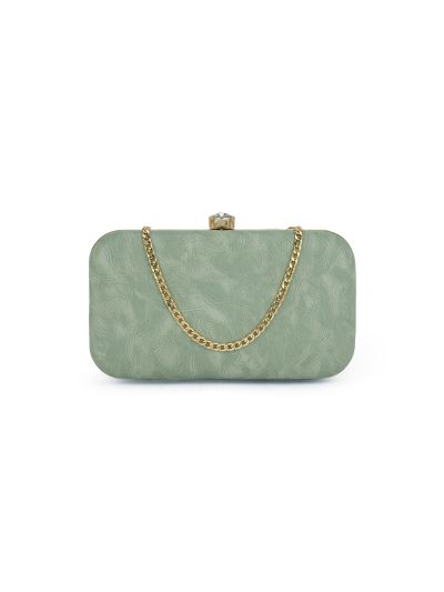 Globus Women Green Textured Rectangular Party Clutch With Detachable Chain Strap