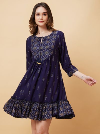 Globus Women Blue Printed Yoke Design Gathered & Flared A-Line Dress