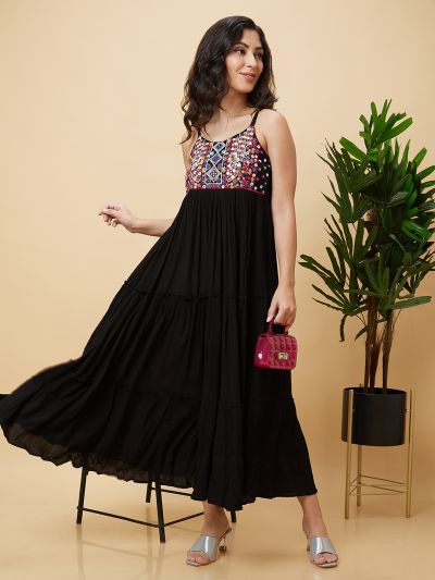 Globus Women Black Strappy Round Neck Embroidered Yoke Flared Maxi Dress