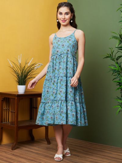 Globus Women Blue Floral Printed Casual Round Neck A-Line Ethnic Dresses