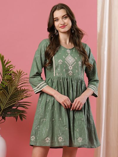 Globus Women Green Embroidered Yoke Ethnic Motifs A-Line Above Knee Dress