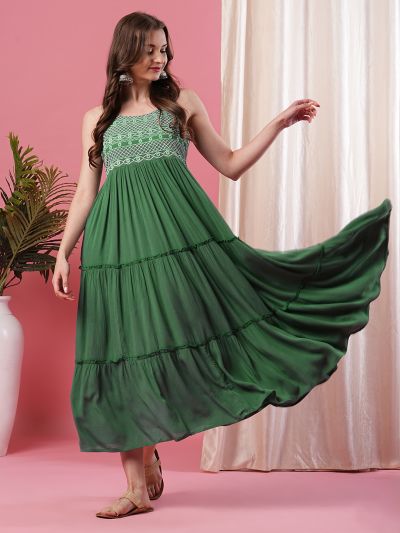 Globus Women Green Strappy Embroidered Yoke Flared Tiered A-Line Midi Dress