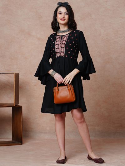 Globus Women Black Embroidered Yoke Bell Sleeves A-Line Dress