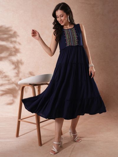 Globus Women Navy Embroidered Yoke Gathered Tiered Fit & Flare Maxi Dress