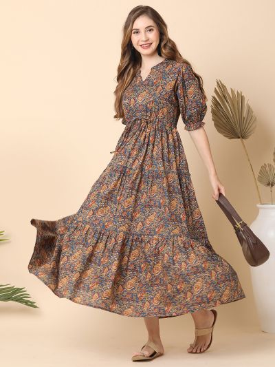 Globus Women Blue All Over Printed Puff Sleeves Mandarin Collar Waist Tie-Up Tiered Maxi Dress