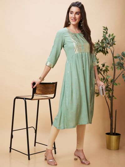 Globus Women Green Ethnic Motifs Gold Print Round Neck A-Line Kurta