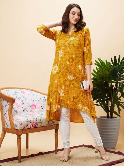 Globus Women Yellow Floral Print Mandarin Collar A-Line Kurta