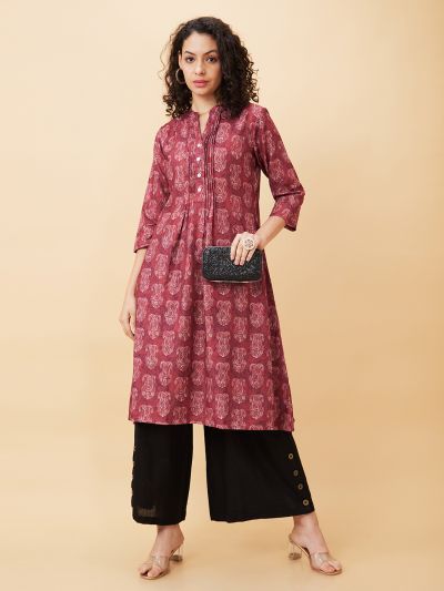 Globus Women Maroon Printed Mandarin Collar A-Line Kurta