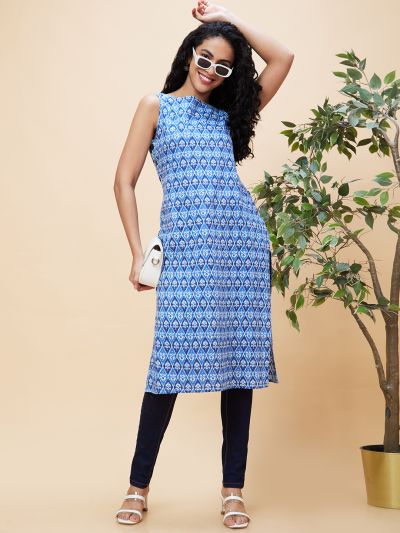 Globus Women Indigo Ethnic Motifs Print Boat Neck Button Detailing Sleeveless Fusion Straight Kurta