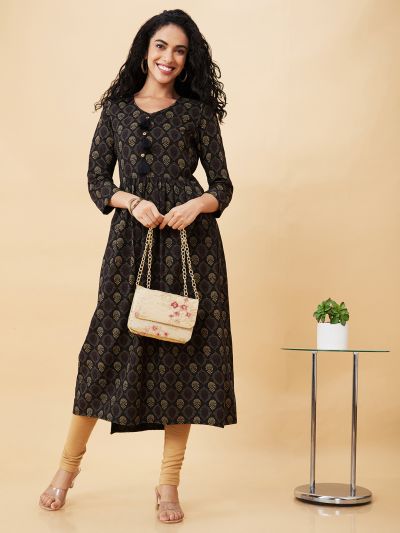 Globus Women Black Printed V-Neck A-Line Kurta