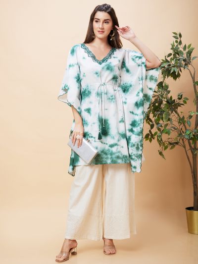 Globus Women Green Tie Dye V-Neck Fusion Kaftan Kurta