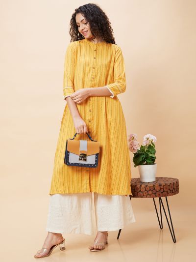 Globus Women Yellow Striped Mandarin Collar Yarn Dyed Casual A-Line Kurta