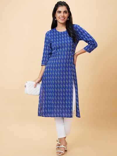 Globus Women Blue Printed Round Neck A-Line Kurta