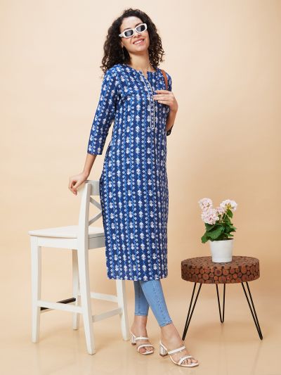 Globus Women Blue Ethnic Motifs Print Round Neck Lace Detailing Straight Fusion Kurta