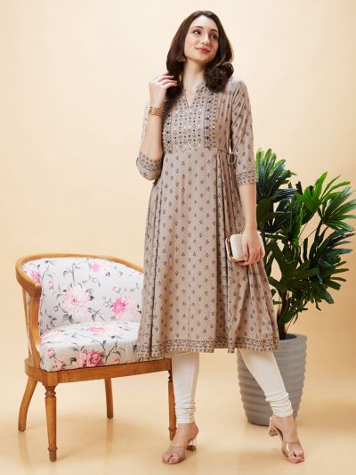 Globus Women Taupe Ethnic Motifs Print Mandarin Collar Panelled Flared A-Line Kurta with Tassel and Dori Detailing