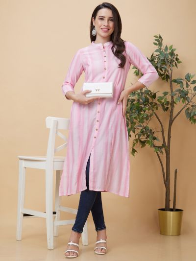 Globus Women Pink Dobby Woven Design Lace Detailing Mandarin Collar A-Line Kurta