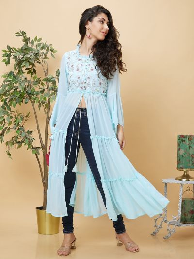 Globus Women Blue Embroidered Front Slit Tiered Fusion A-Line Kurta