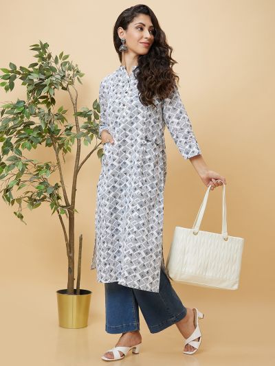 Globus Women White Ethnic Motifs Print Panelled Casual Straight Kurta