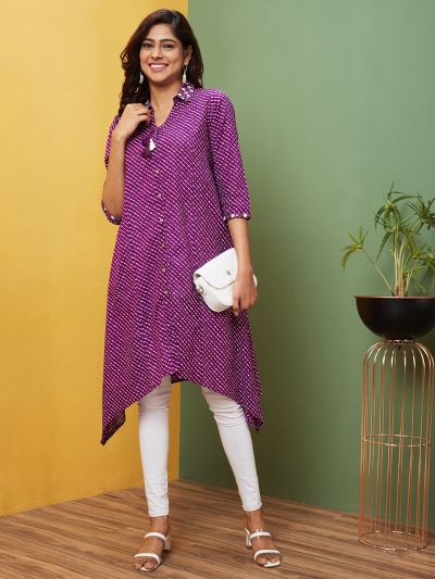 Globus Women Purple Printed Shirt Collar A-Line Kurta