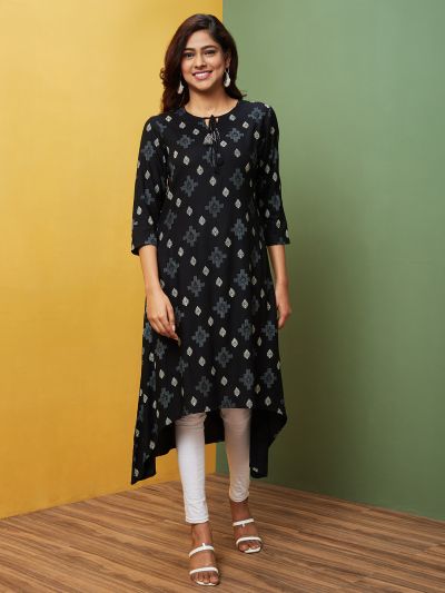 Globus Women Black Printed Tie-Up Neck A-Line Kurta