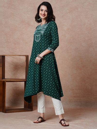 Globus Women Green Embroidered Yoke Allover Printed Assymetric A-Line Kurta