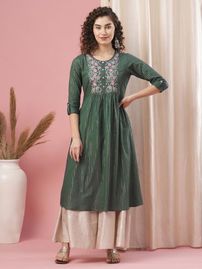 Globus Women Green Embroidered Yoke Cotton Lurex Panelled A-Line Kurta