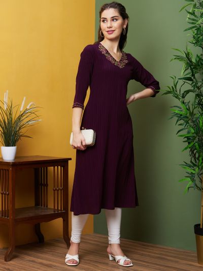 Globus Women Purple Floral Embroidered V Neck Georgette A-Line Kurta With Pocket