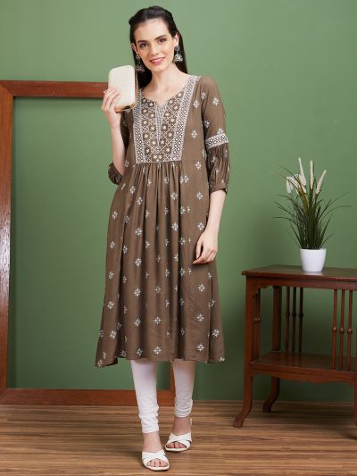 Globus Women Taupe Embroidered Yoke Ethnic Motifs Round Neck Casual A-Line Kurta