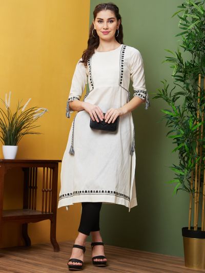 Globus Women Off-White Embroidered Cotton Daily Wear Round Neck A-Line Kurta