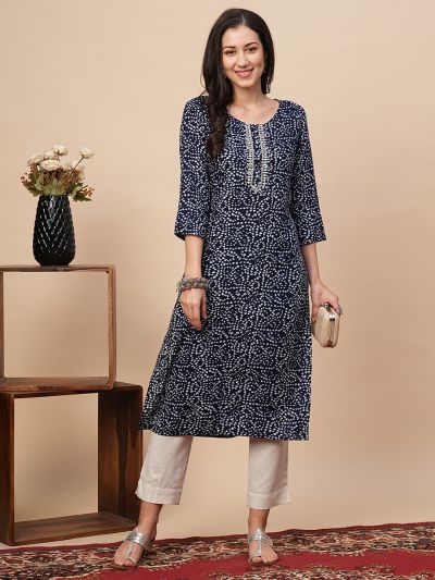 Globus Women Blue Allover Bandhani Print Straight Kurta