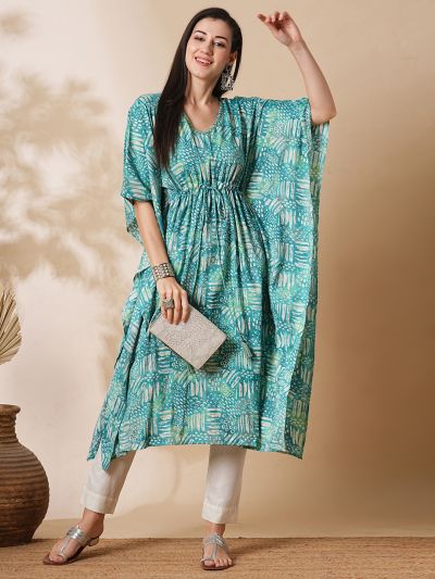 Globus Women Green Allover Printed & Sequinned V-Neck Waist Tie-Up Fusion Kaftan Kurta