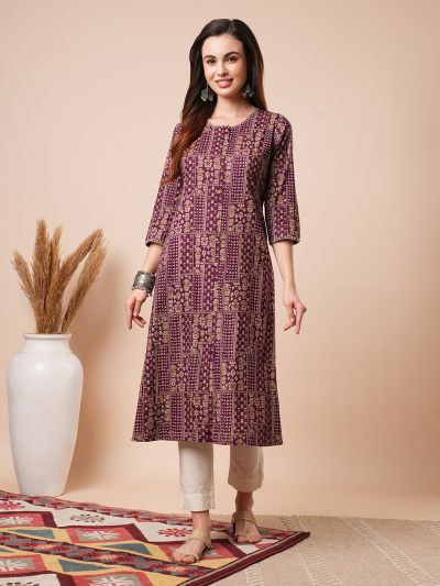 Globus Women Purple Thread Work Neck Floral Printed Button Down A-Line Workwear Kurta