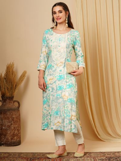 Globus Women Green Lace & Sequin Yoke Gold Foil Floral Print A-Line Workwear Kurta