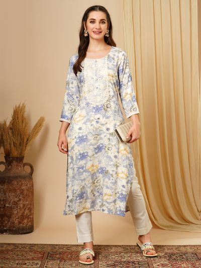 Globus Women Blue Lace & Sequin Yoke Gold Foil Floral Print A-Line Workwear Kurta