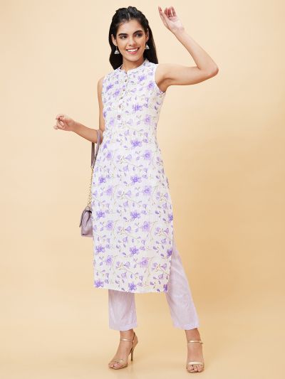 Globus Women Lilac Printed Straight Kurta Set with Trouser