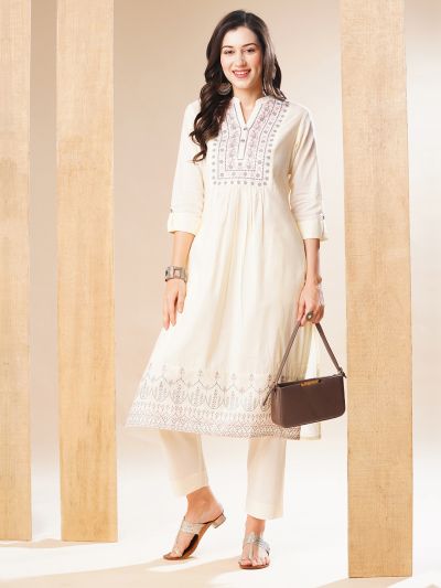 Globus Women Off-White Embroidered Yoke A-Line Workwear Kurta & Pant Set