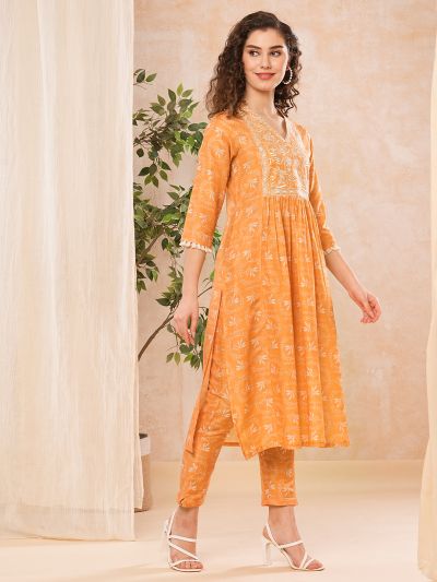 Globus Women Orange Printed V-Neck A-Line Kurta With Pant