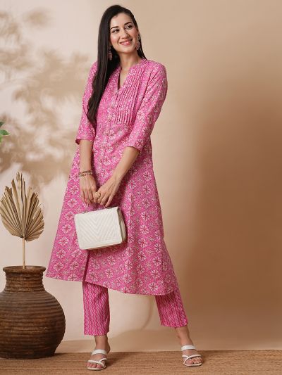 Globus Women Pink Mandarin Neck With V Cut Allover Printed Pintuck Detailing A-Line Workwear Kurta With Trousers Set