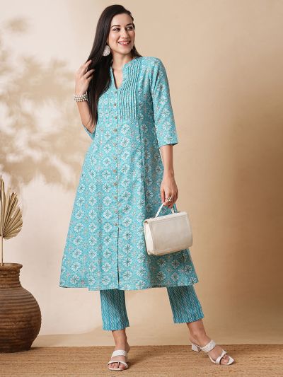 Globus Women Blue Mandarin Neck With V Cut Allover Printed Pintuck Detailing A-Line Workwear Kurta With Trousers Set