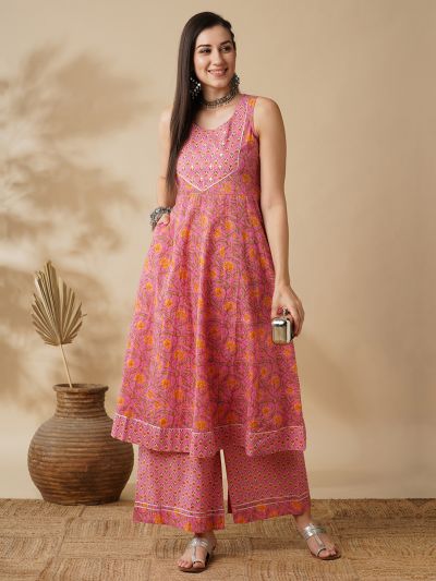 Globus Women Pink Floral Yoke Design Panelled A-Line Kurta & Printed Palazzos Set