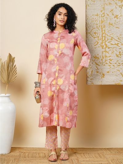 Globus Women Pink Mandarin Collar Abstract Print Panelled A-Line Workwear Kurta & Elasticated Waist Pants Sets