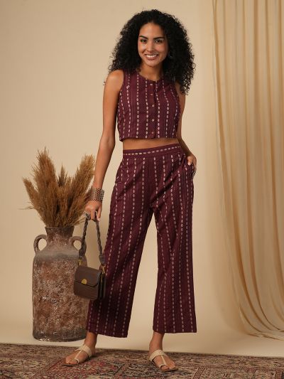 Globus Women Burgundy Button Down Placket Woven Design Crop Top With Straight Pants Fusion Co-Ord Set