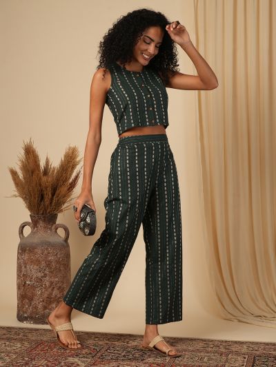 Globus Women Green Button Down Placket Woven Design Crop Top With Straight Pants Fusion Co-Ord Set