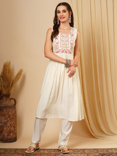 Globus Women White Round Neck Floral Embroidered Yoke Pleated A-Line Calf Length Kurta & Trouser Festive Set