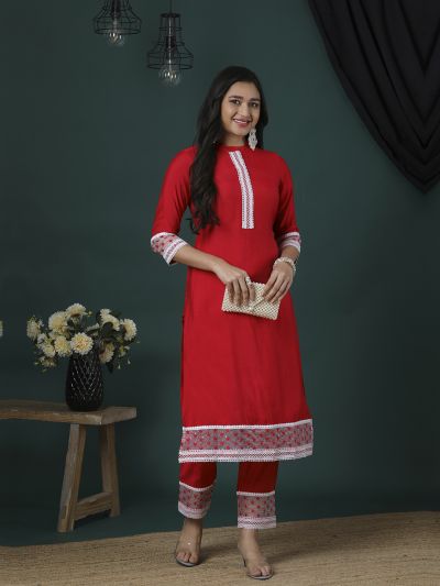 Globus Women Red Mandarin Collar Embroidered Sequin Lace Detail Straight Kurta & Pants Festive Set